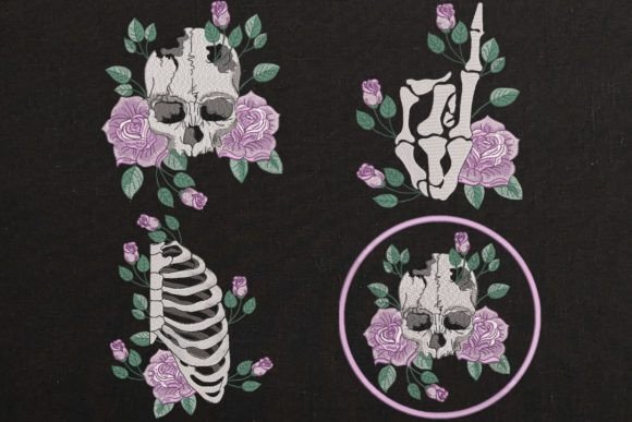 Set of 4 Skull and Skeleton with Roses